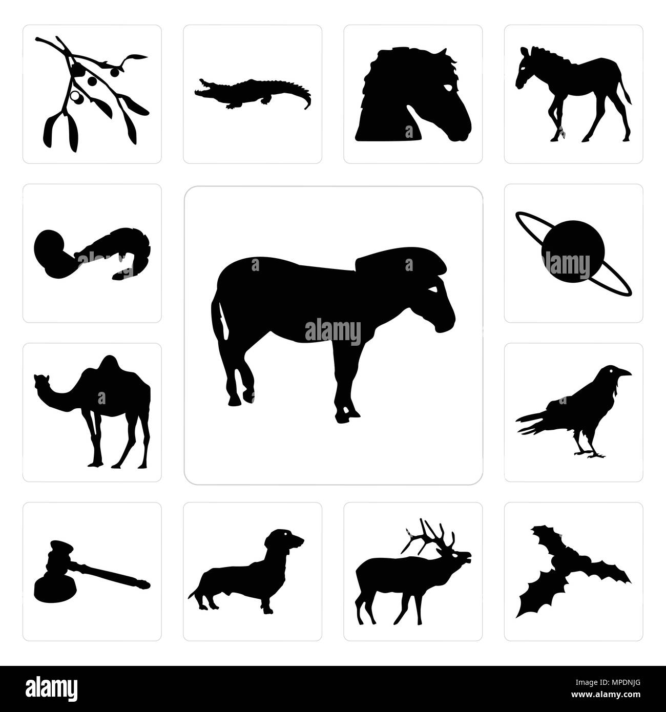 Set Of 13 simple editable icons such as zebra outline on white background, mistletoe elk background can be used for mobile, web UI Stock Vector