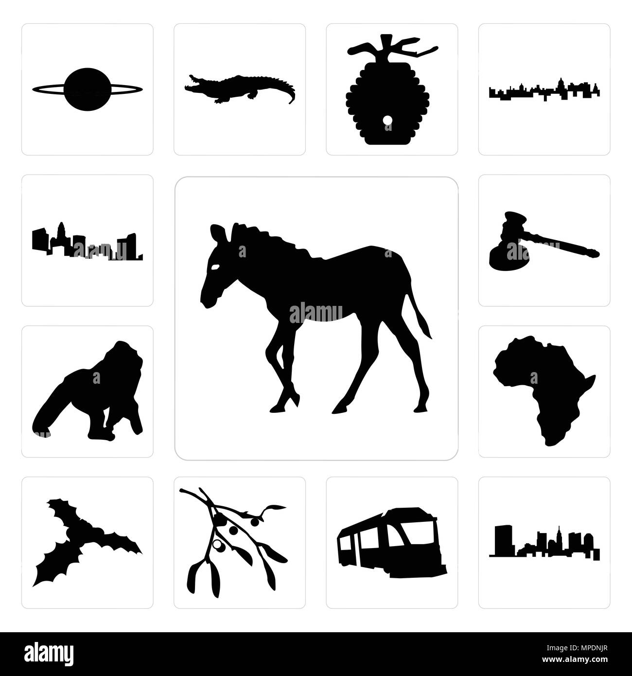 Set Of 13 simple editable icons such as zebra outline on white background, state of ohio train images background can be used for mobile, web UI Stock Vector