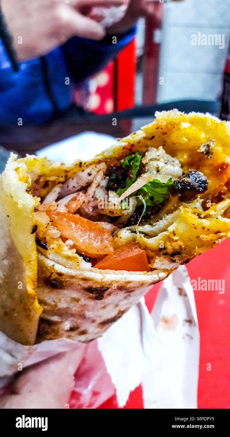 Turkish Durum kebab at restaurant. fast food Stock Photo