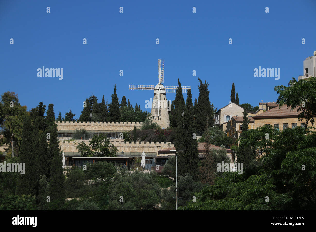 Jerusalem, Israel May 16, 2018 View of the Montefiore Windmill in