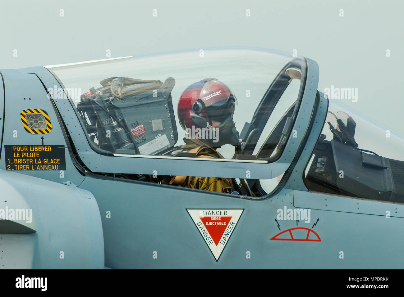 Fighter pilot Yannick ' Thor ' Vallet with ' Fahrenheit ' callsign on helmet, French Air Force Mirage 2000 air display pilot. Cockpit canopy Stock Photo