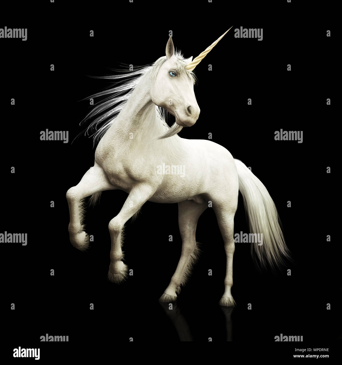 Unicorn majestic mythical horned horse on a black background. 3d rendering Stock Photo