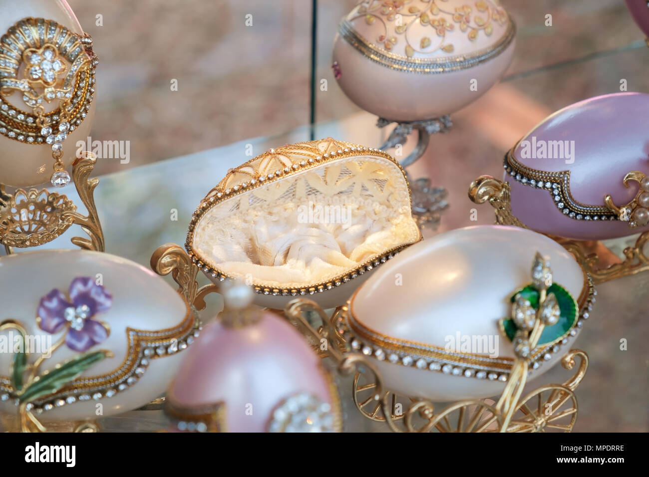 Vintage style decor easter in glass cabinets. 'Thailand Tourism Festival' Annual Folk Art, Lumpini Park, Bangkok, Thailand. Stock Photo