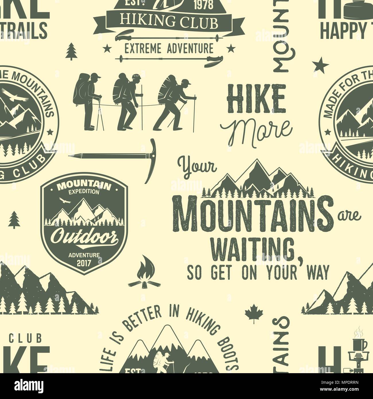 Hiking seamless pattern or background. Vector illustration. Retro typography design with mountain, campfire, hiker and forest silhouette. For camping  Stock Vector