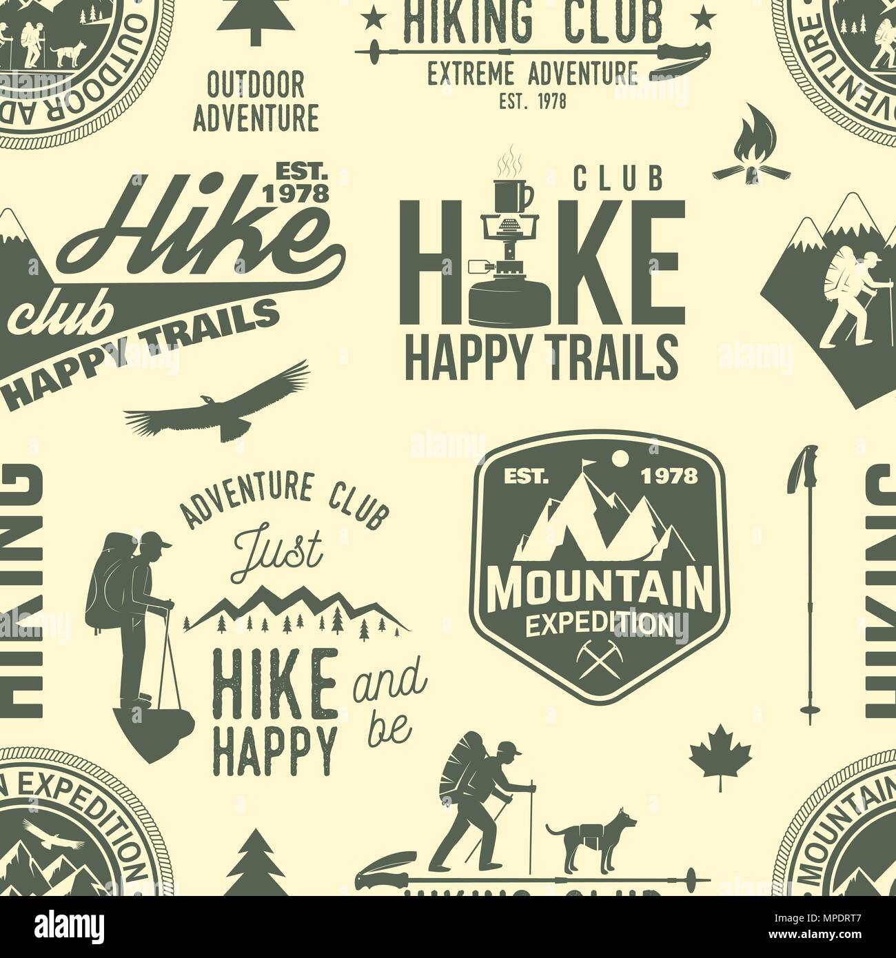 Hiking seamless pattern or background. Vector illustration. Retro typography design with mountain, campfire, hiker and forest silhouette. For camping  Stock Vector