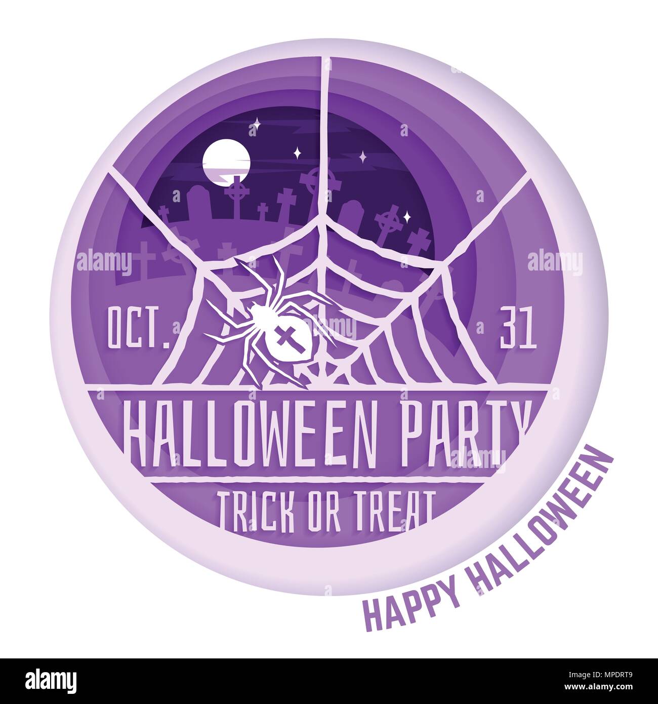 Halloween party. Paper art carving style design for Halloween overlay, labels, shirt, logo, print, seal. Spider and web on the cemetery. Typography de Stock Vector
