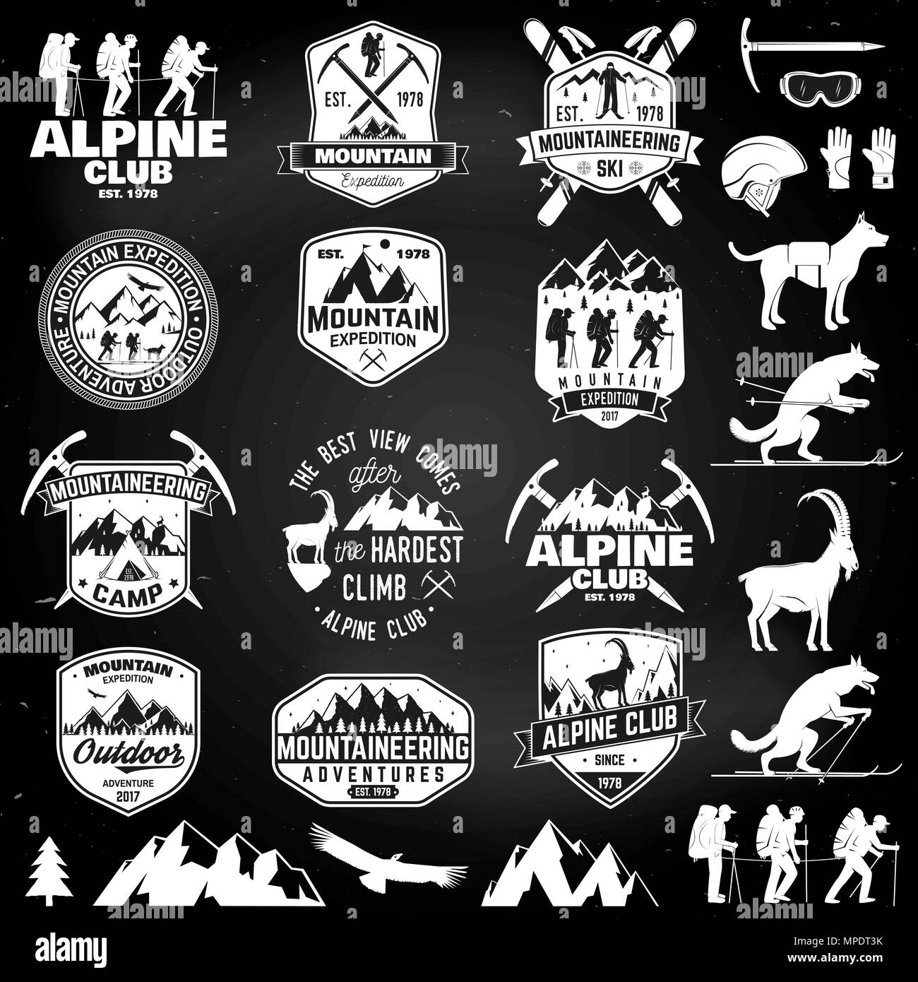 Set of mountain expedition badges on the chalkboard. Vector. Concept for alpine club shirt or logo, print, stamp or tee. Design with mountaineers and  Stock Vector