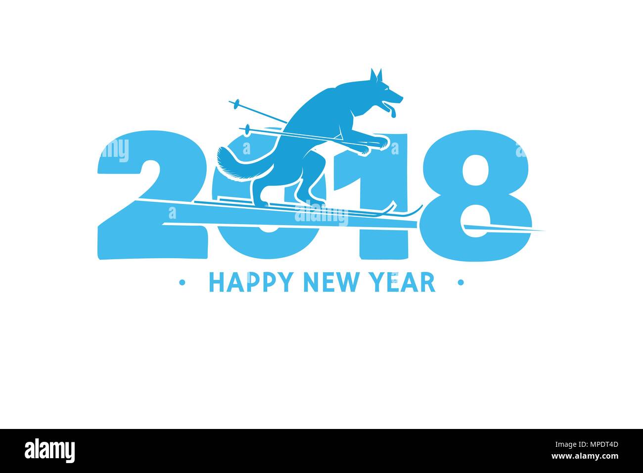 2018 Happy New Year greeting card. For banner, poster, brochure or flyer template. Design with 2018 Text and skiing dog. Vector illustration. Stock Vector