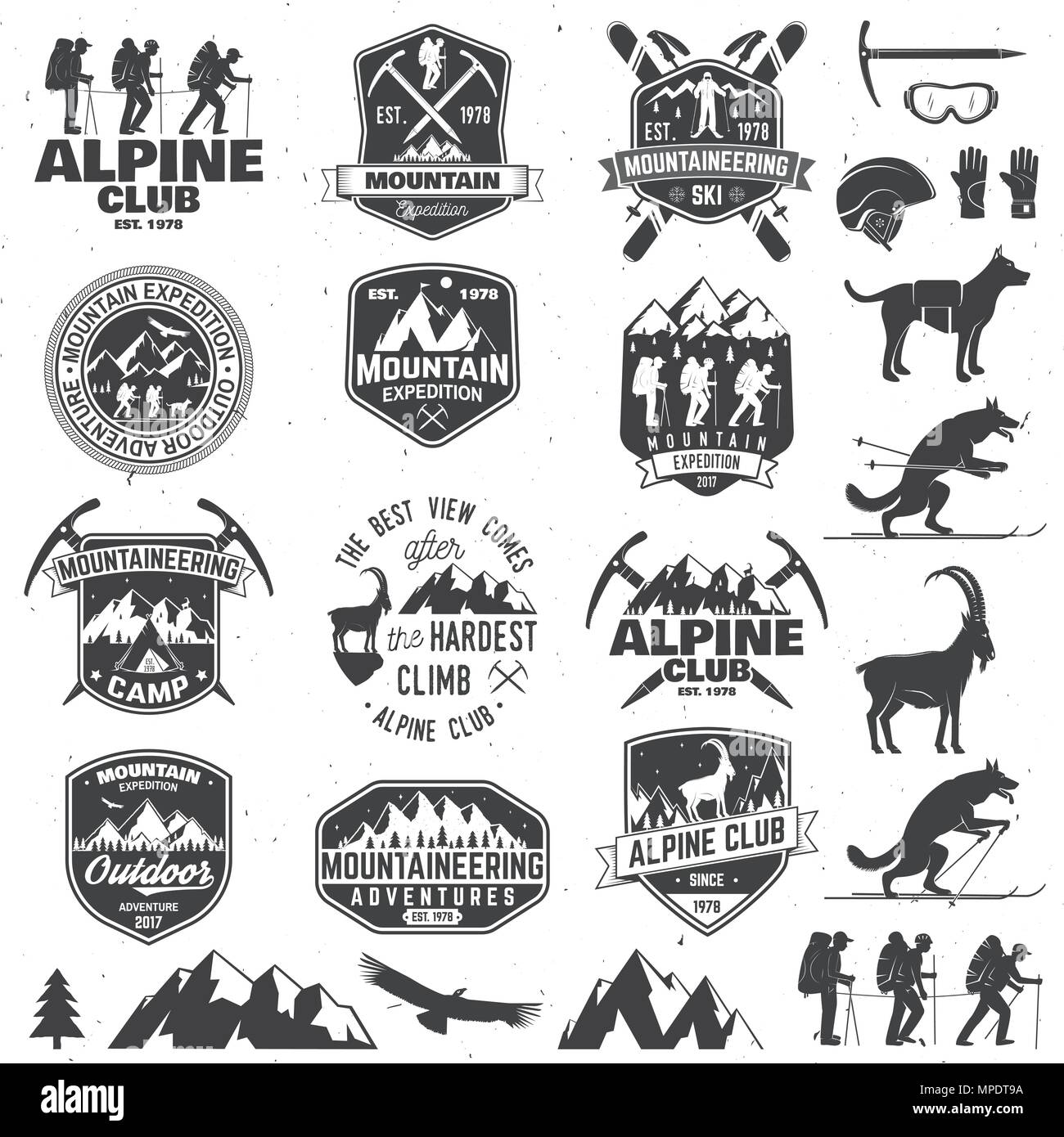 Set of mountain expedition badges with design elements. Vector. Concept for alpine club shirt or logo, print, stamp or tee. Design with mountaineers a Stock Vector