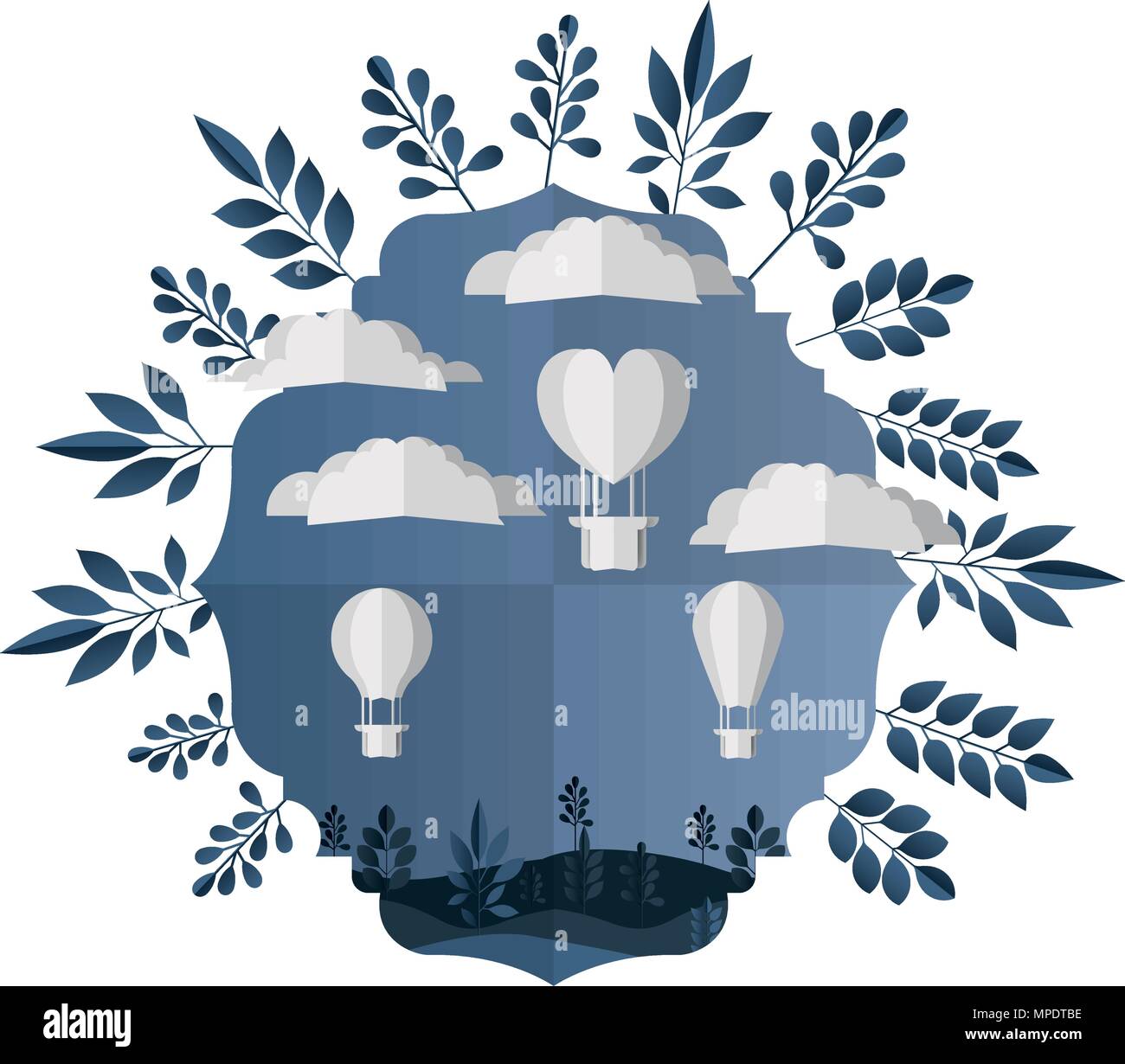 frame with landscape scene and balloons air flying vector illustration ...