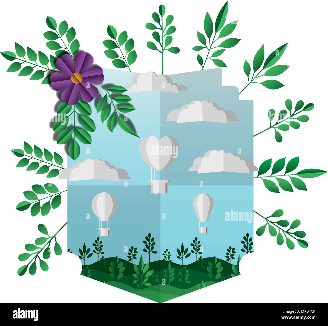 frame with landscape scene and balloons air flying vector illustration ...