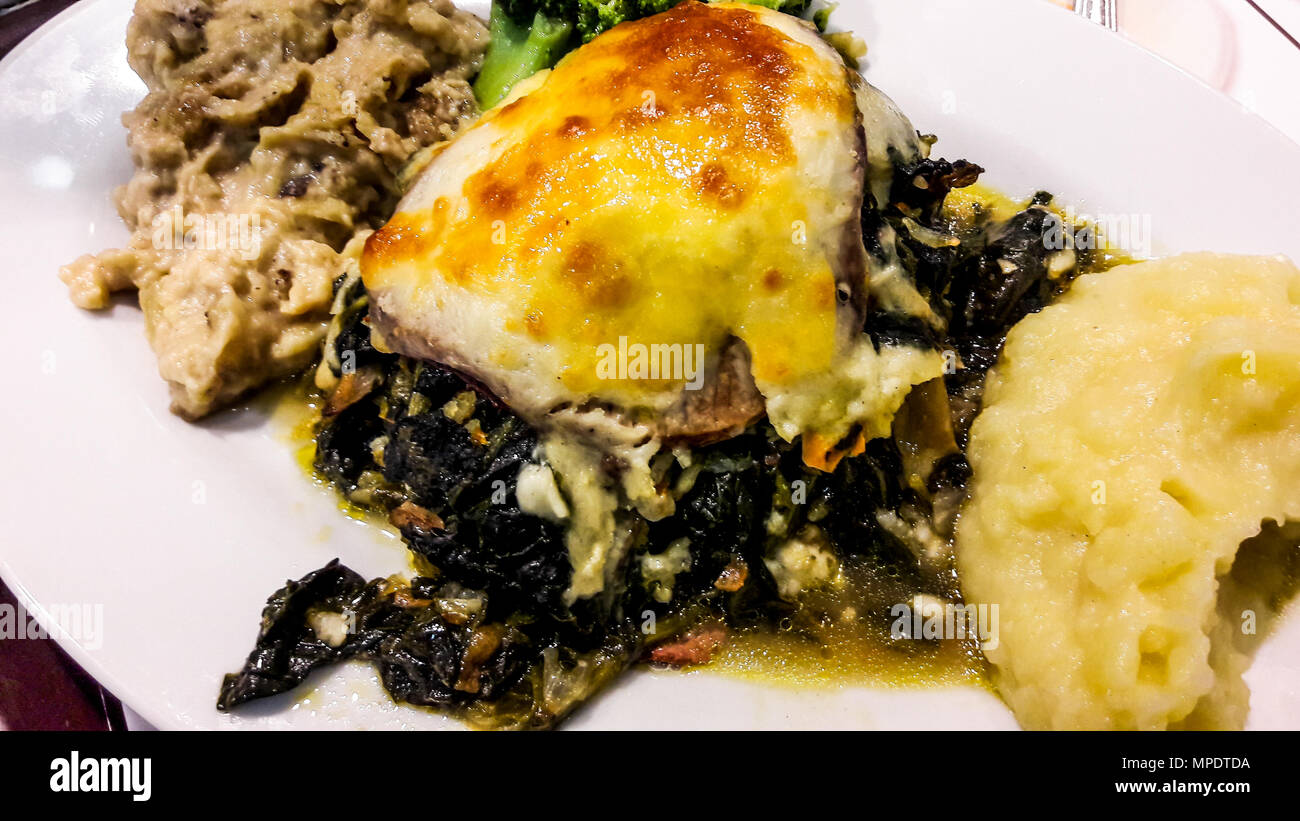 Spinach with Bechamel Sauce, puree and smoked eggplant / Besamel soslu ispanak. Traditional ramadan food Stock Photo