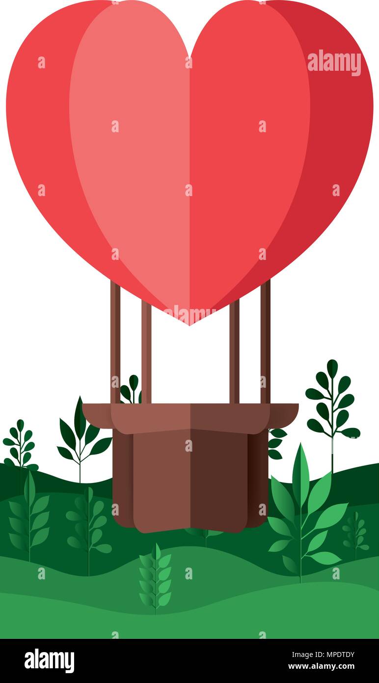 landscape with balloons air hot heart shape flying vector illustration ...