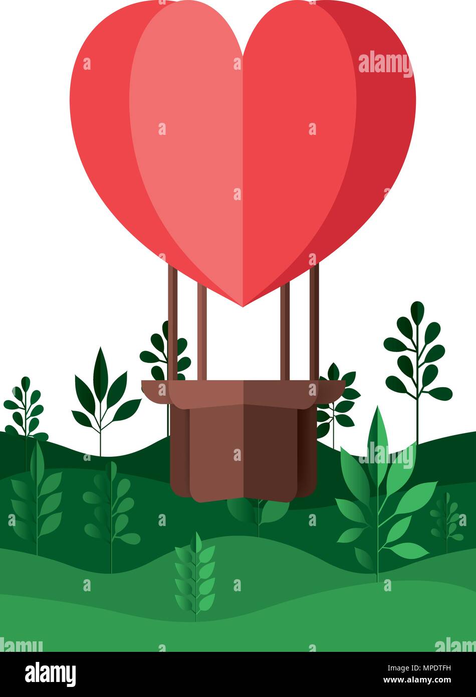 landscape with balloons air hot heart shape flying vector illustration ...