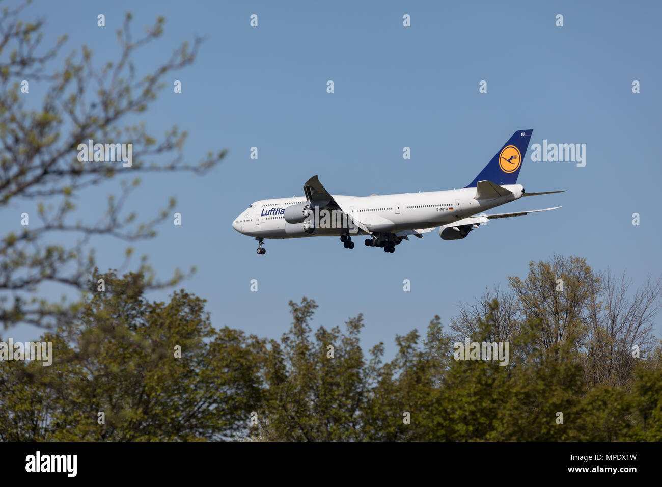 Dulles, VA / United States of America, April 30th 2018: Lufthansa 747 landing on Dulles International Airport Stock Photo