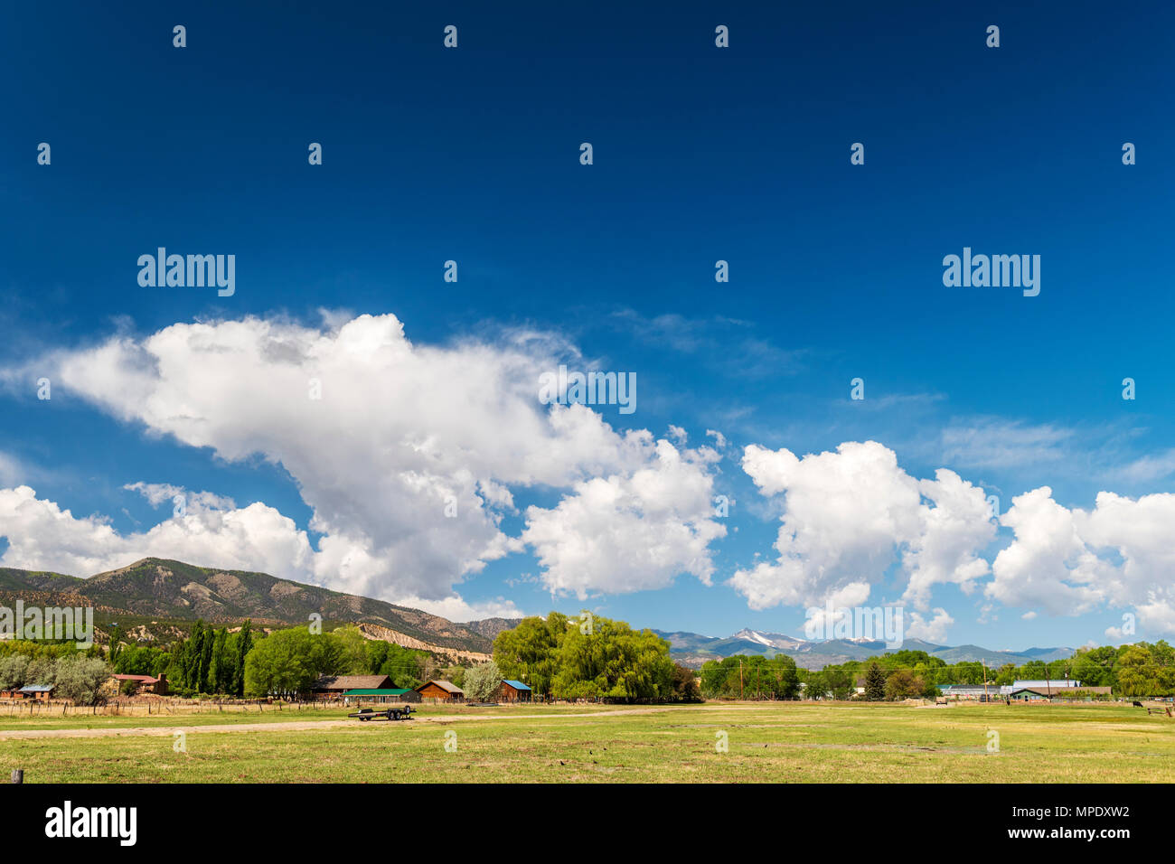 Puffy white clouds against a clear azure blue sky; Vandaveer Ranch; Salida; Colorado; USA Stock Photo