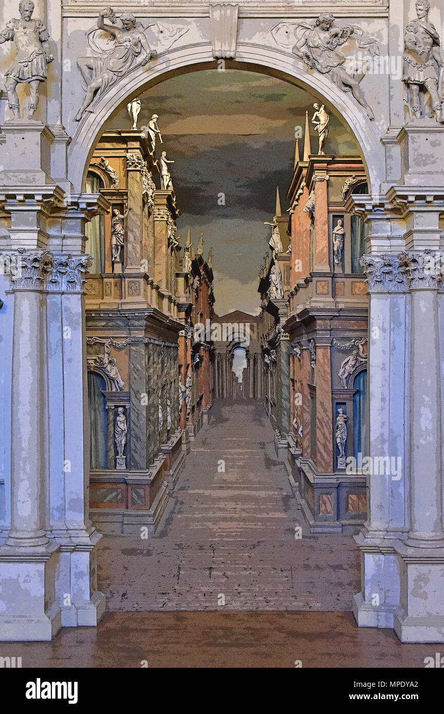 Teatro Olimpico (Renaissance theater), interior view through the central royal arch with scenery beyond (rendered in PS), by Palladio, Vicenza, Italy Stock Photo