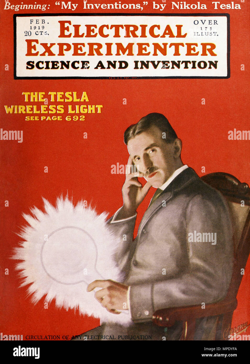 Nicola Tesla with electrified wireless lightbulb Stock Photo