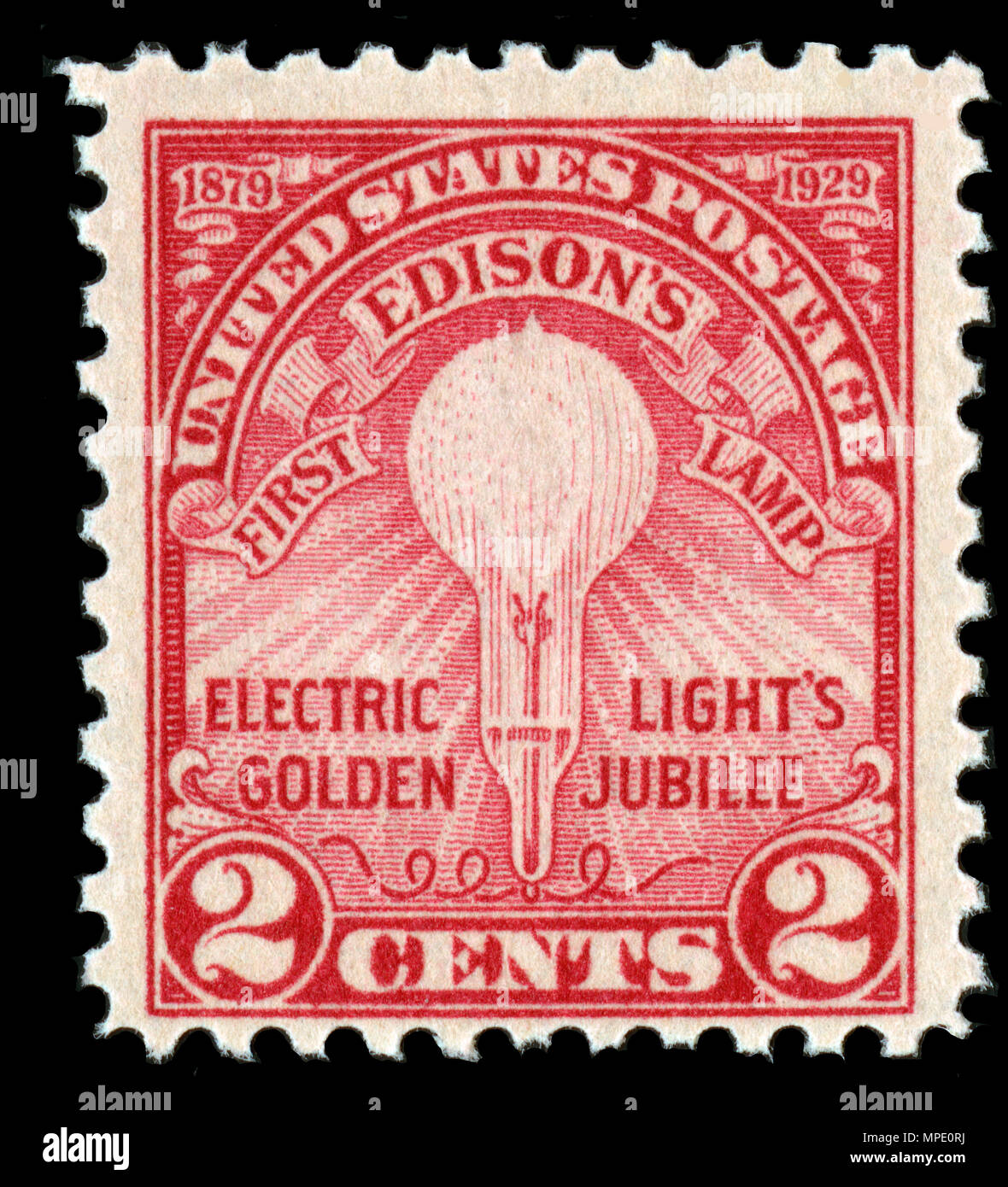 A postage stamp featuring Edison's lightbulb Stock Photo