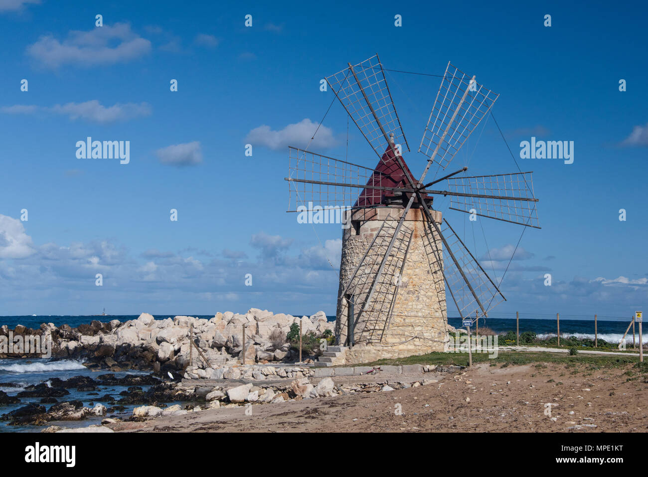Wind mill at the Moxia salt pans, Marsala, Sicily Stock Photo