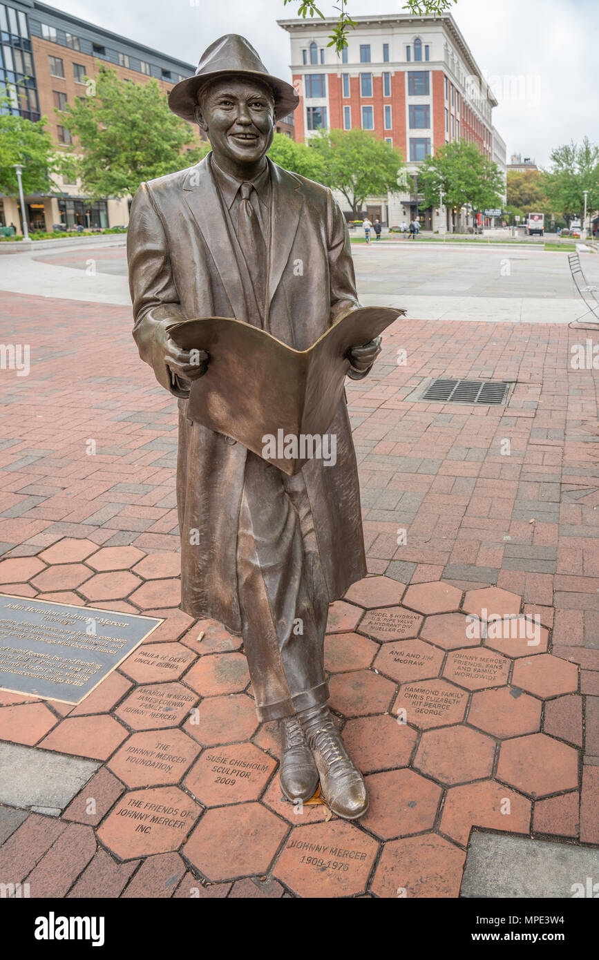 Savannah, Georgia - April 10, 2018: A statue of Johnny Mercer the American composer, songwriter, and singer is in Ellis Square. Stock Photo