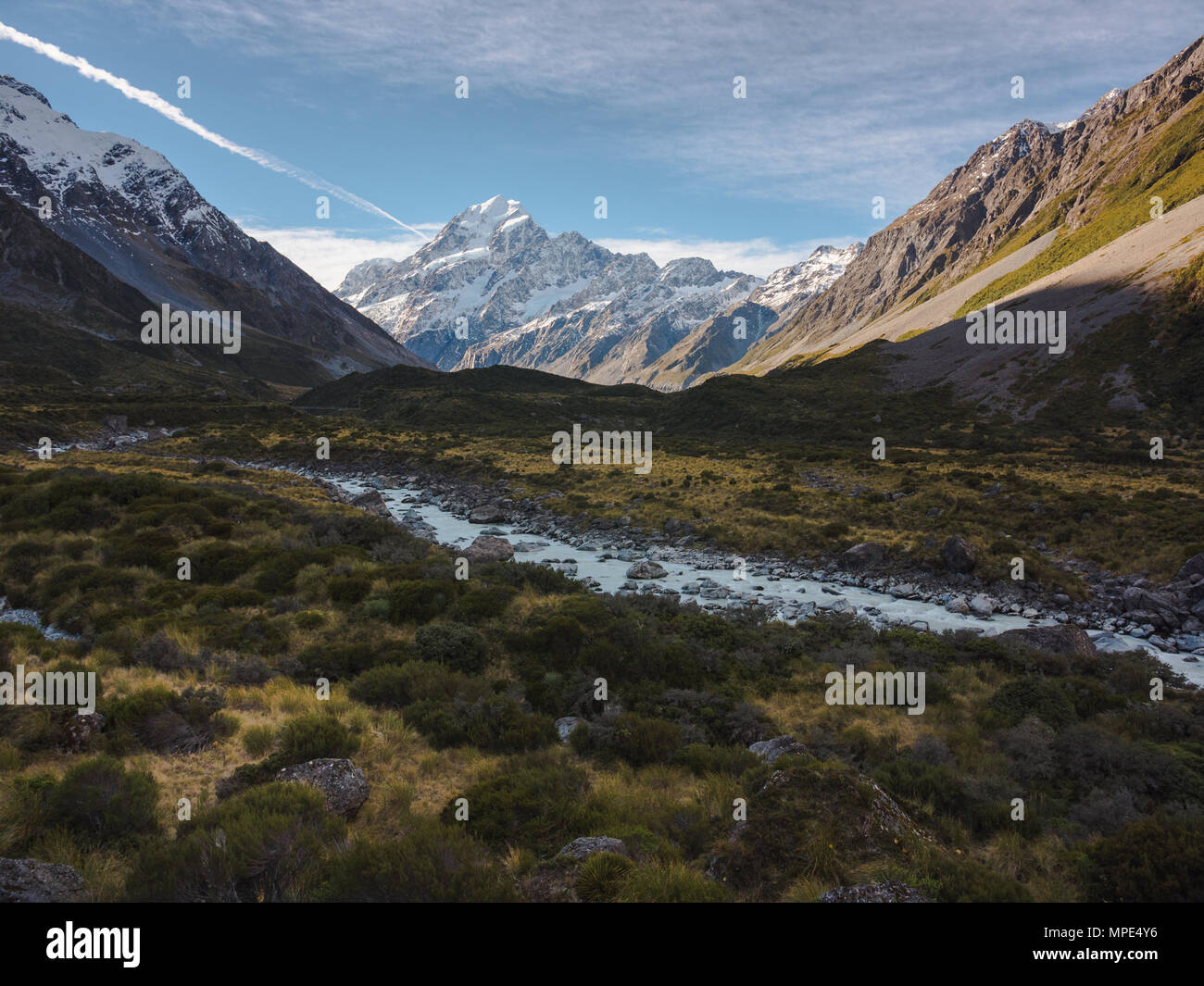 Mount. Cook in daytime, viewed from the Hooker Valley Stock Photo