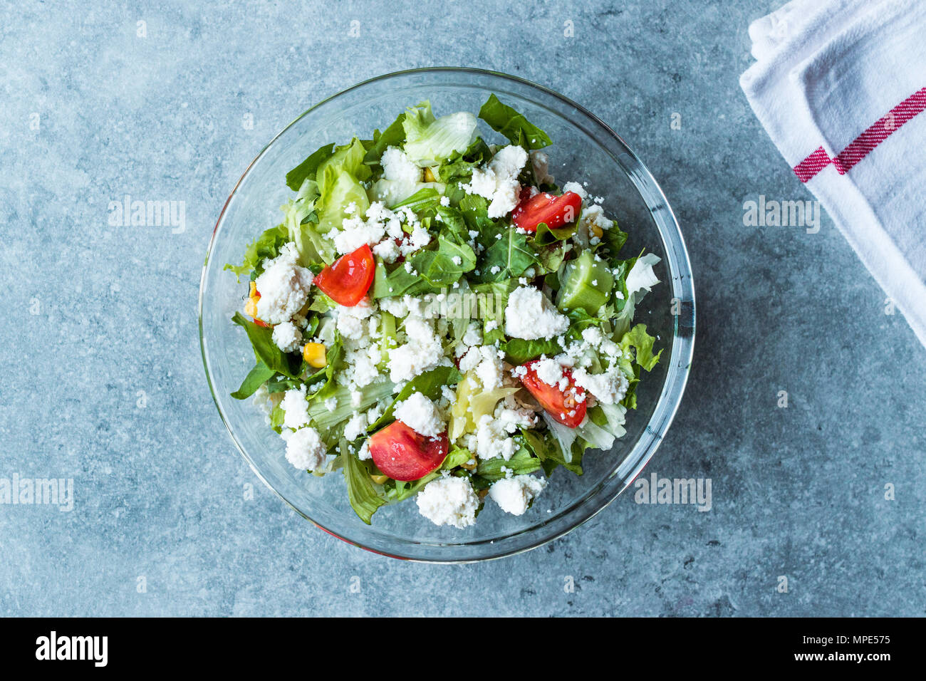 Homemade Fresh Salad with Turkish Cokelek / Cottage Cheese. Organic Food. Stock Photo