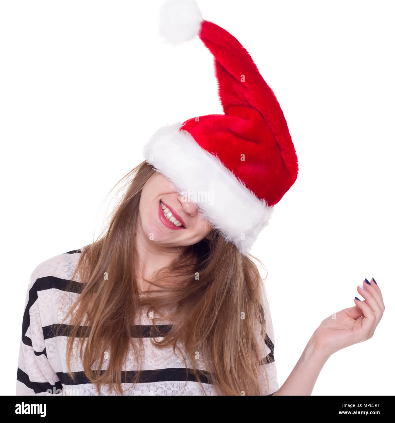 Portrait of joyful pretty woman in red santa claus hat laughing ...