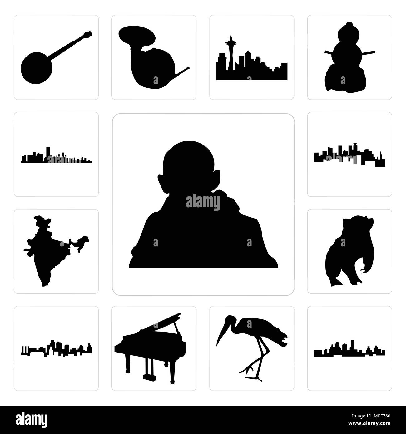 Set Of 13 simple editable icons such as gandhi, kansas city skyline, stork, grand piano, badger, india map, minnesota, florida can be used for mobile, Stock Vector