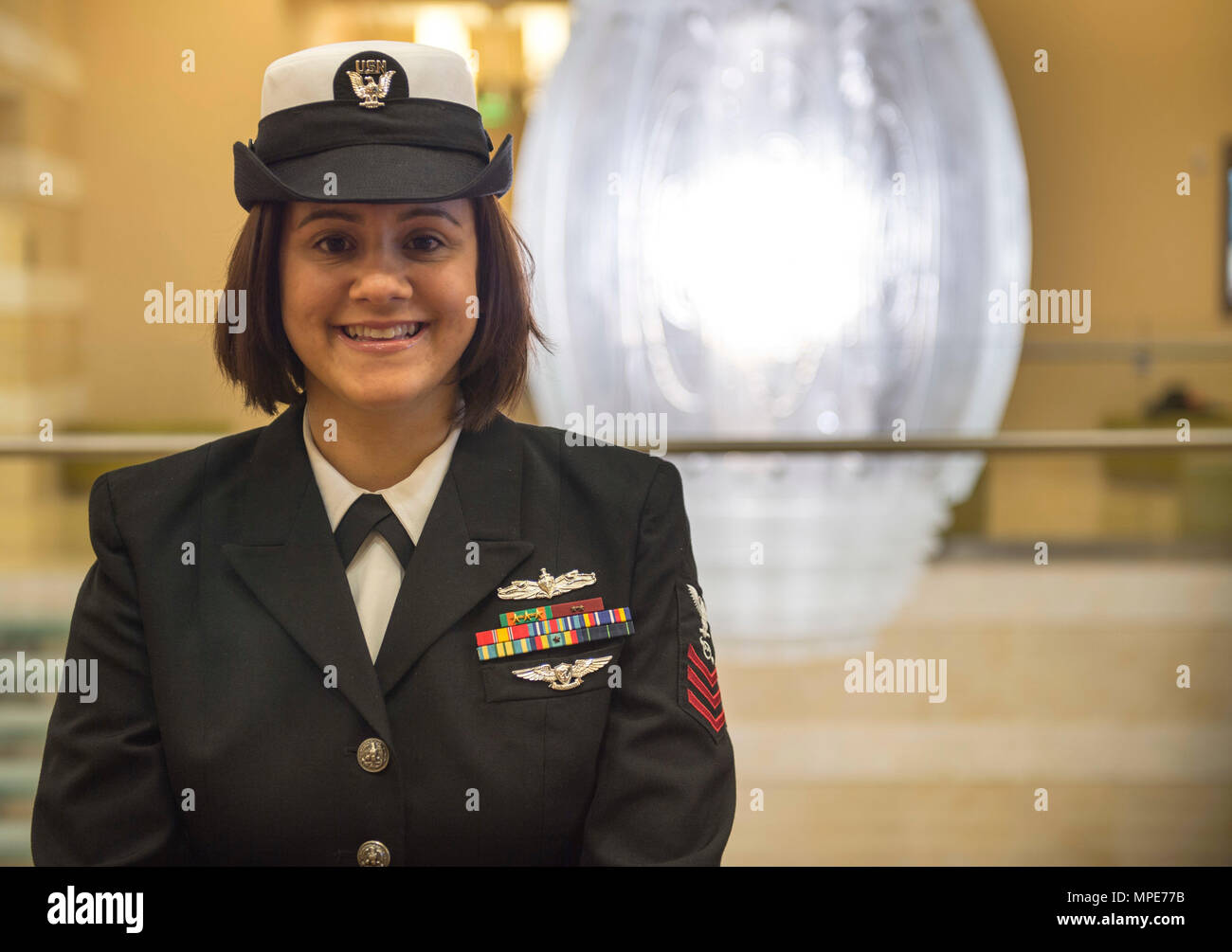 170206-N-VC599-085 VIRGINIA BEACH, Va. (Feb. 6, 2017) Operations Specialist First Class Ciria Howe, representing Afloat Training Group Atlantic, poses for a portrait during Sailor of the Year (SOY) week. The SOY program was established in 1972 by Chief of Naval Operations Adm. Elmo Zumwalt and Master Chief Petty Officer of the Navy John Whittet to recognize an individual Sailor who best represented the ever-growing group of dedicated professional Sailors at each command and ultimately the Navy. The SURFLANT Sea and Shore SOY selected at the end of this week will advance to compete for SOY at U Stock Photo