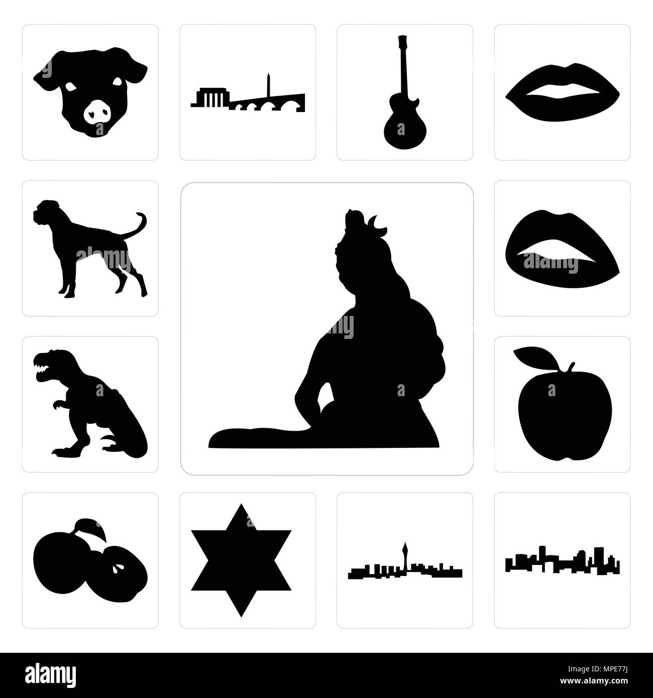 Set Of 13 simple editable icons such as lord shiva outline images on white background, , denver skyline, las vegas star of david, apple, t rex, lips c Stock Vector