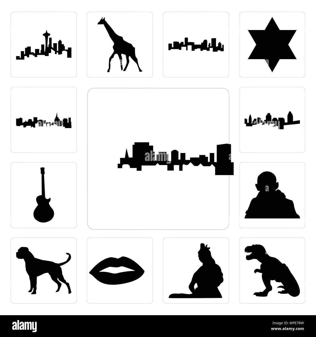 Set Of 13 simple editable icons such as south carolina, t rex, lord shiva outline images on white background, , lips, boxer dog, gandhi, image les pau Stock Vector