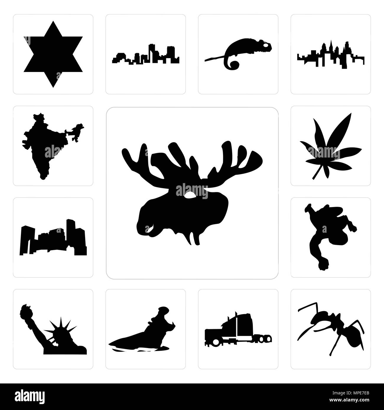 Set Of 13 simple editable icons such as moose head, ant, semi truck, hippo, statue of liberty, chalk, minnesota, marijuana leaf, india can be used for Stock Vector