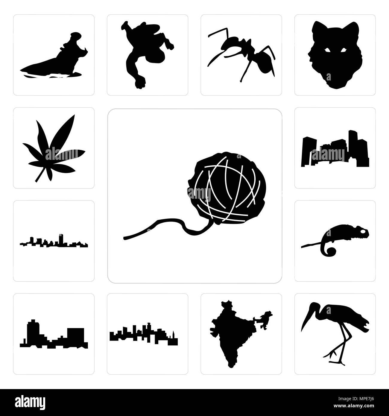 Set Of 13 simple editable icons such as yarn ball, stork, india, minnesota, montana, chameleon, maryland outline, in black, marijuana leaf can be used Stock Vector