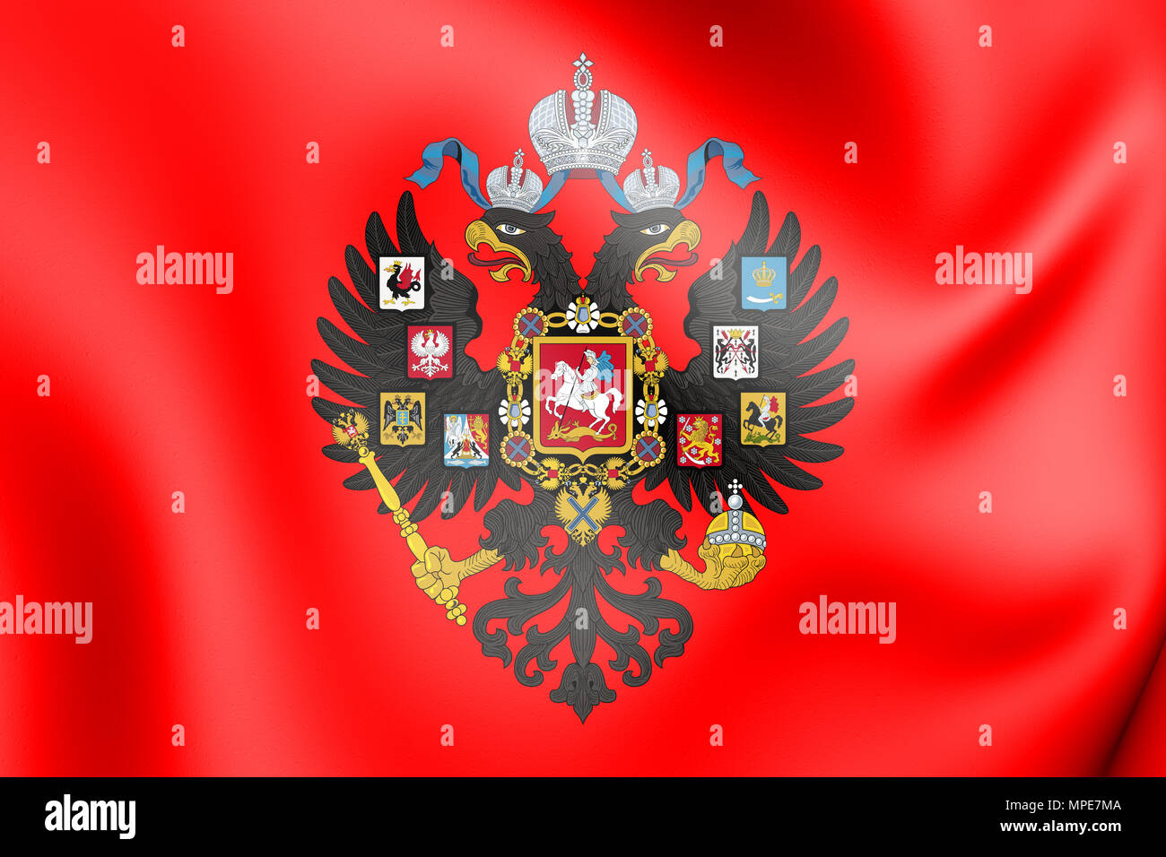 The Russian coat of arms (Romanov family) and three flags: the state flag  of Russia (top left), Stock Photo, Picture And Rights Managed Image. Pic.  MEV-10284483