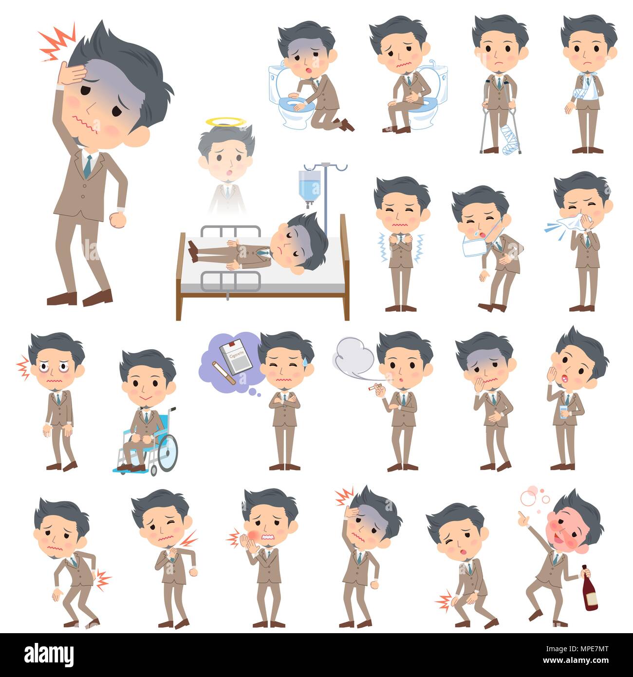 Set Of Various Poses Of Beige Suit Short Hair Beard Man About The