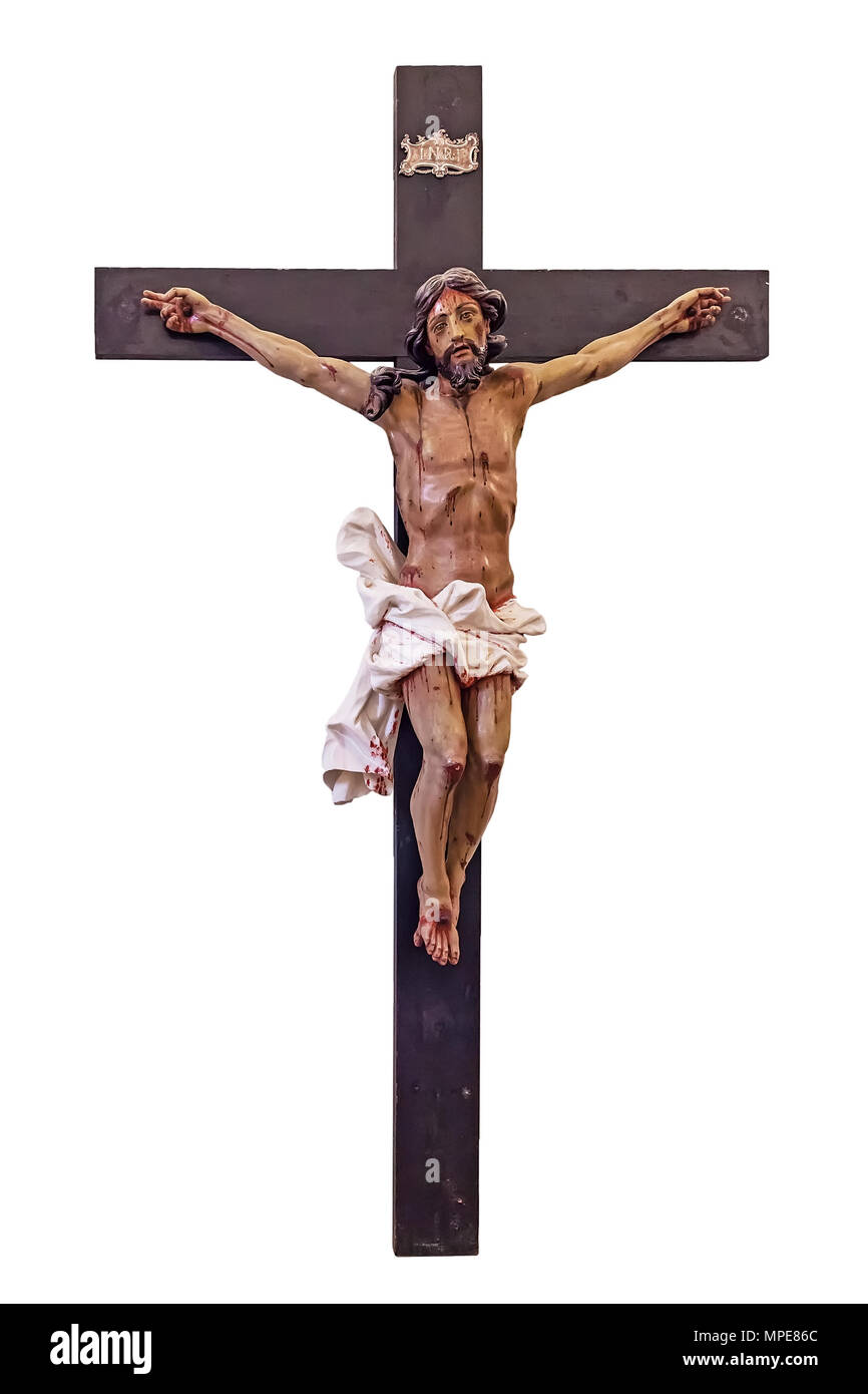 18th century Baroque Crucifix in natural size cut out, cut-out or cutout. Isolated on white background Stock Photo