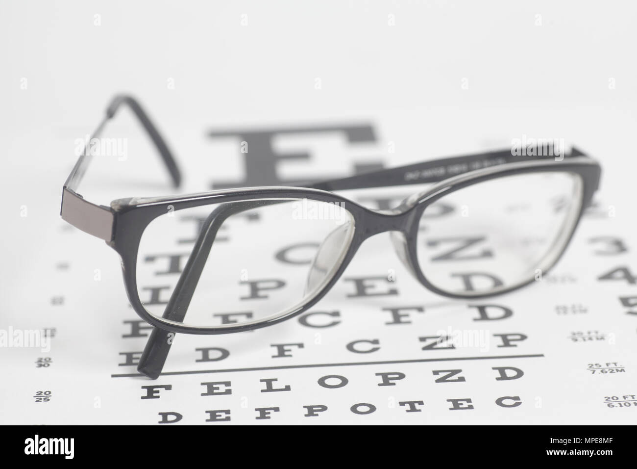 Eyeglasses on eyesight test chart background. Stock Photo