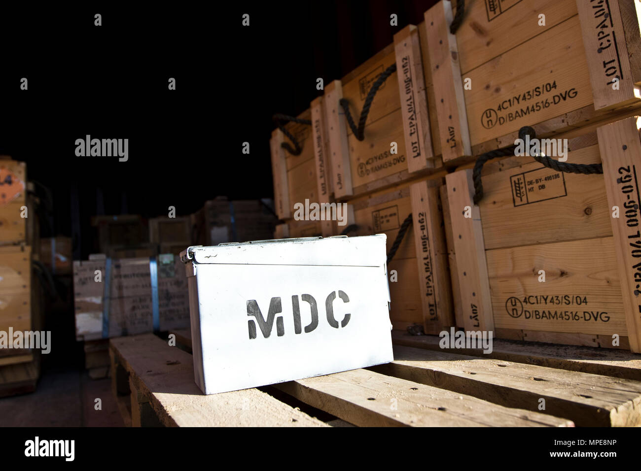 A Magazine Data Card (MDC) sits on an ammunition storage pallet during the 2017 Worldwide Ammunition Logistics and Explosives Safety Review in Camp Arifjan, Kuwait, on Feb. 7, 2017. The MDCs are a living document that counts the in and out of stock per ammo pallet. (U.S. Army Photo by Staff Sgt. Dalton Smith) Stock Photo