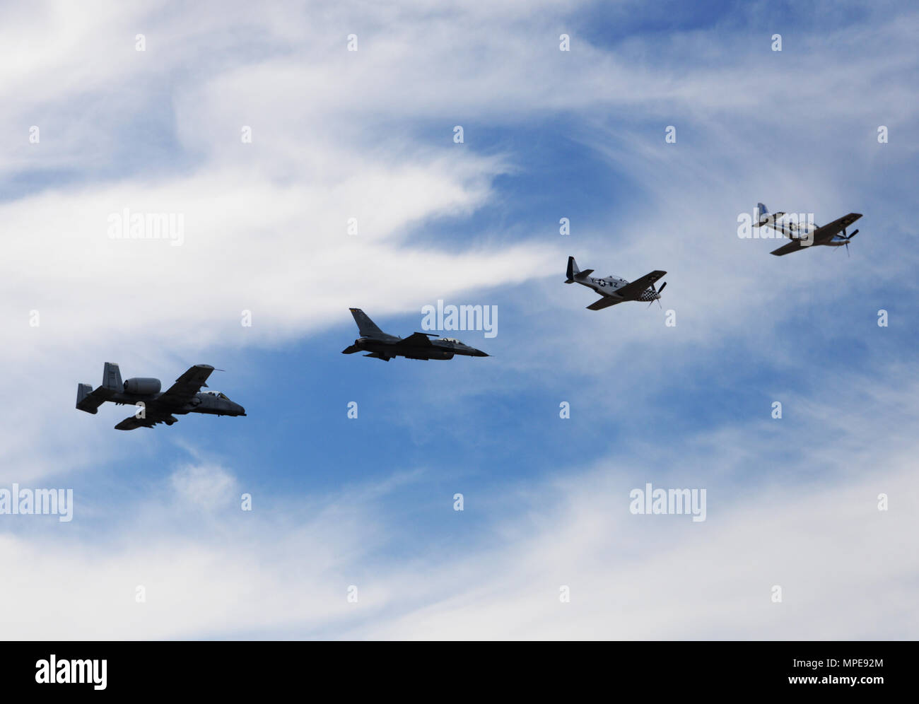 A P 51 Mustang A Tf 51 Mustang A U S Air Force F 16 Fighting Falcon And A U S Air Force A 10c Thunderbolt Ii Fly In Formation During The 2017 Heritage Flight Training And Certification