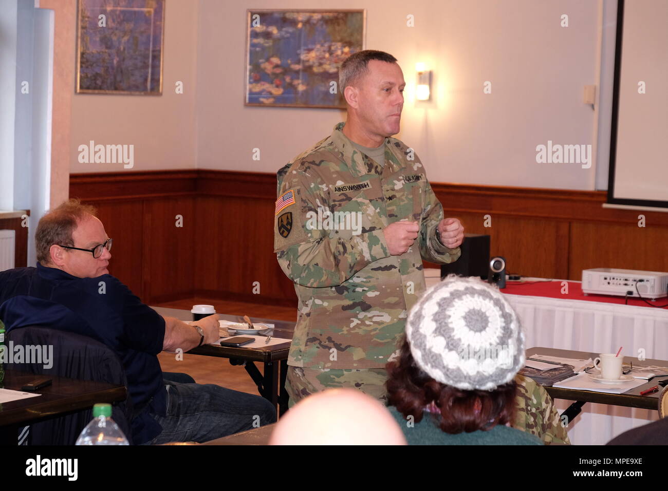 VOGELWEH, Germany – Brig. Gen. Steven W. Ainsworth, commanding general for the 7th Mission Support Command, speaks during the 99th Regional Support Command Retirement Services Office bi-annual preretirement brief hosted by the 7th MSC, Feb. 4, 2017. Stock Photo