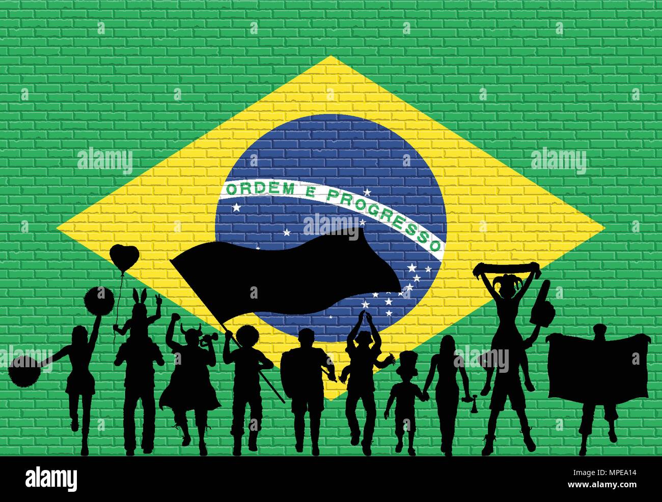 Brazilian Supporter Silhouette In Front Of Brick Wall With Brazil Flag All The Objects