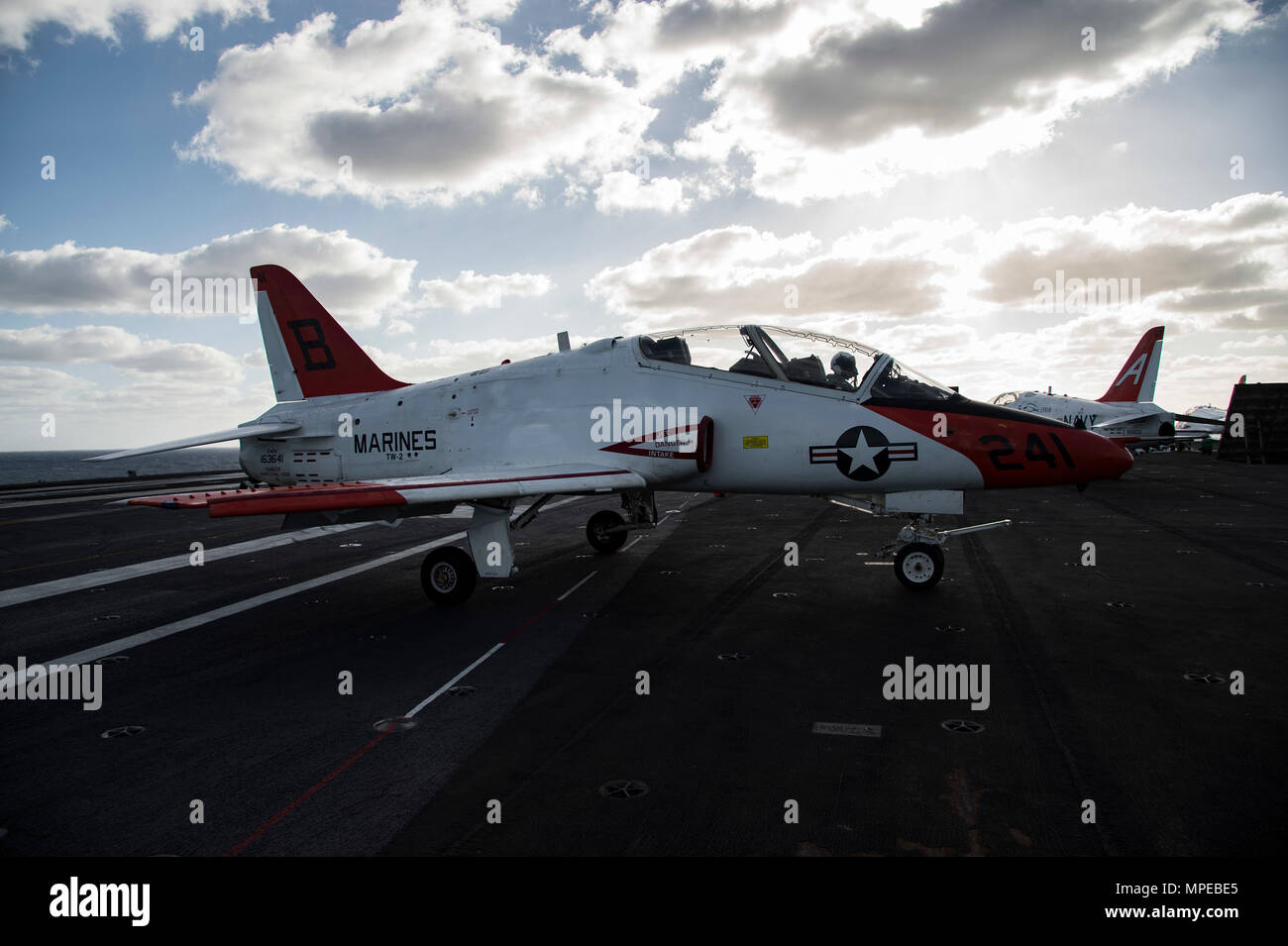 170211-N-OS569-010  ATLANTIC OCEAN (Feb. 11, 2017) A T-45C Goshawk assigned to Carrier Training Wing (CTW) 2 taxis across the flight deck of the aircraft carrier USS Dwight D. Eisenhower (CVN 69) (Ike). Ike is currently conducting aircraft carrier qualifications during the sustainment phase of the Optimized Fleet Response Plan (OFRP). (U.S. Navy photo by Mass Communication Specialist Seaman Zach Sleeper) Stock Photo