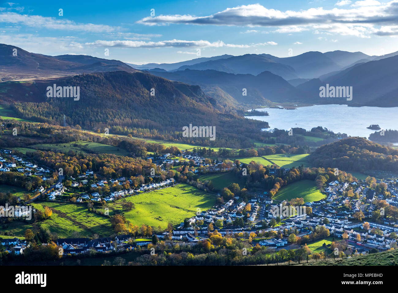 Keswick and Derwentwater seen from Latrigg summit, Lake District National Park, Cumbria, England, United Kingdom, Europe. Stock Photo