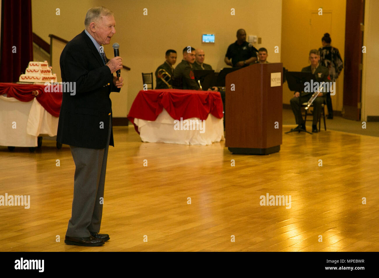 U.S. Marine Corps Col. Richard Rothwell (Retired), makes his opening remarks to the guests of the 1st annual Camp Pendleton Historical Society Awards dinner at the Pacific Views Event Center on Camp Pendleton, Calif., Feb. 11, 2017. (US Marine Corps photo by Cpl. Brian Bekkala) Stock Photo