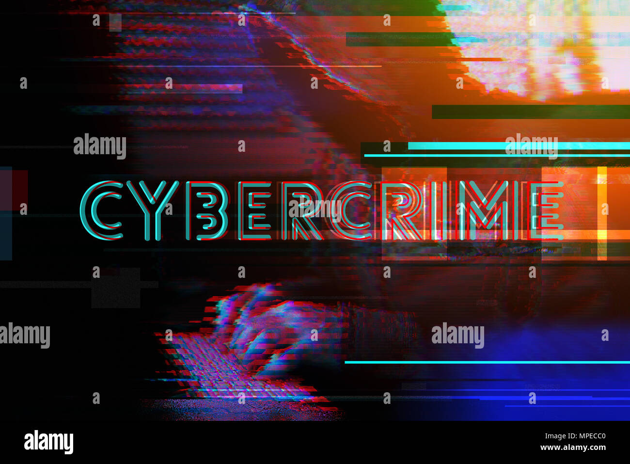 Cybercrime concept with hooded hacker typing computer keyboard, modern futuristic digital glitch effect Stock Photo