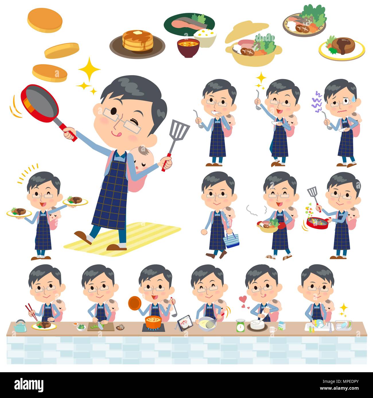 Set of various poses of Dad and baby cooking Stock Vector