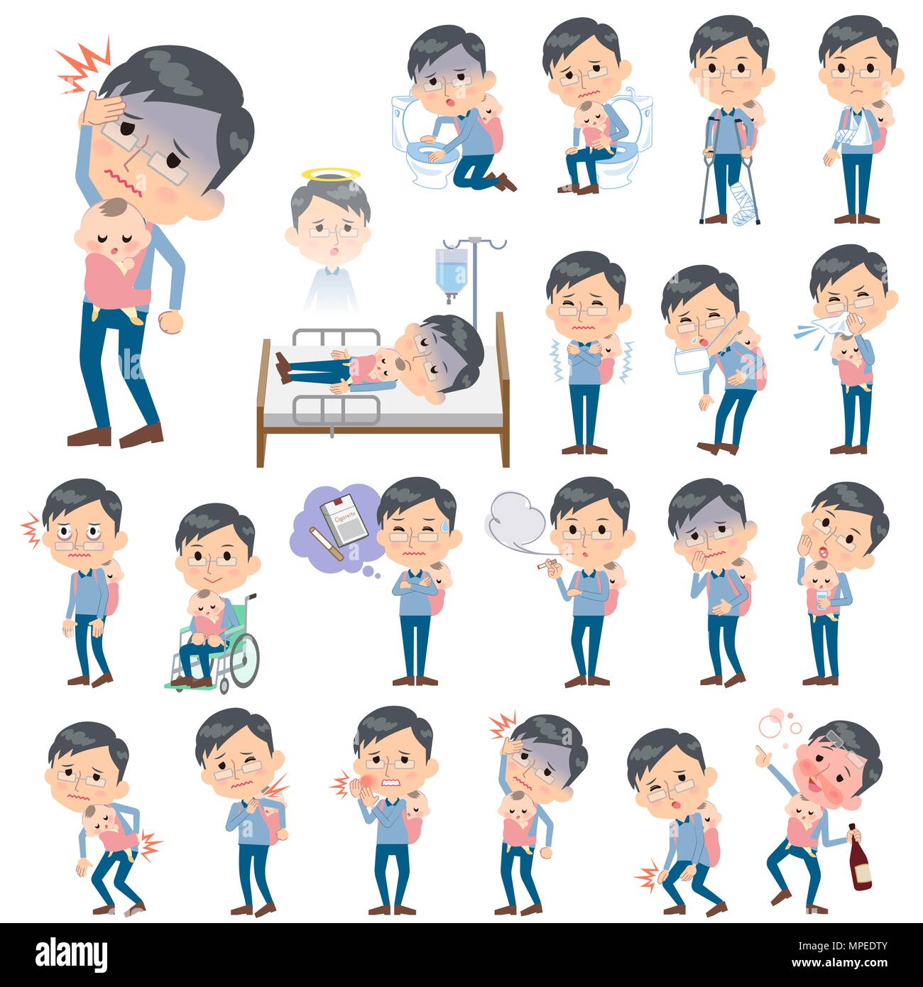 Set of various poses of Dad and baby sickness Stock Vector