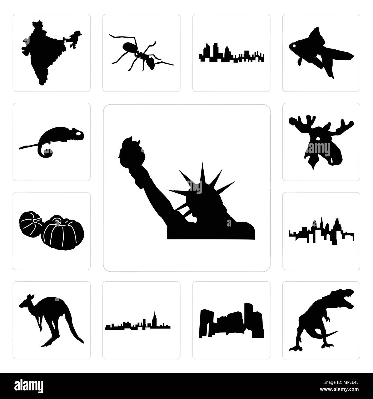 Set Of 13 simple editable icons such as statue of liberty, t rex, minnesota, alabama, kangaroo outline on white background, pennsylvania state, pumpki Stock Vector