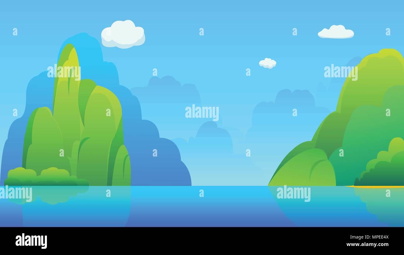 Islands with hills and sky background vector illustration.Beautiful nature scene with lake and mountains. Stock Vector